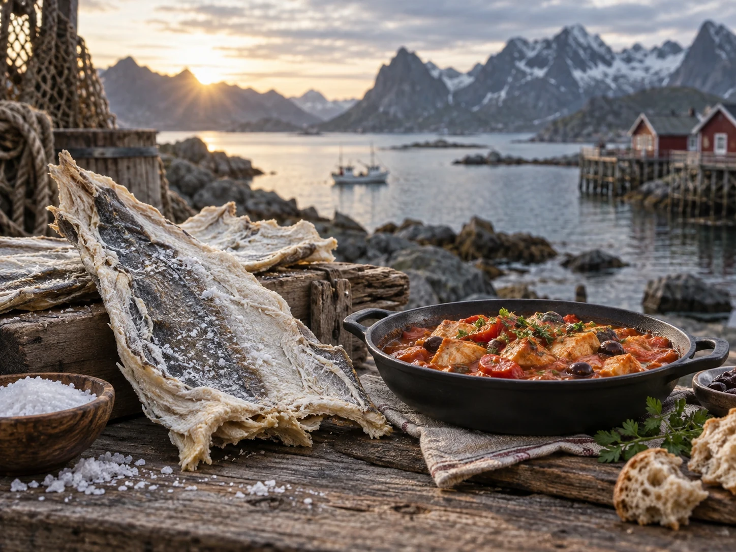 Klippfisk og en gryte rød bacalao på en trekai, med fjord, fjelltopper og røde rorbuer i bakgrunnen