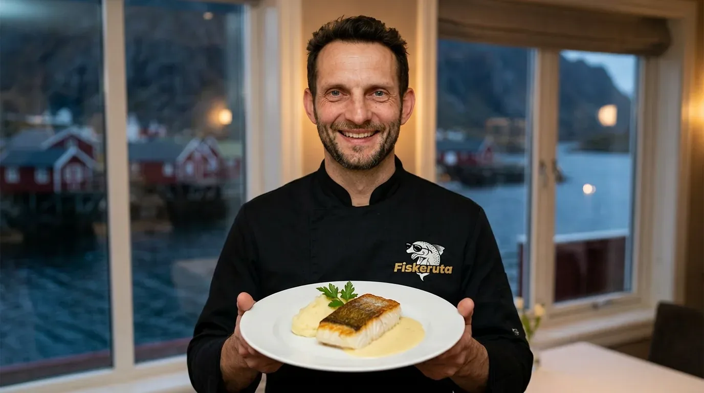 Nicolai Radmer Nielsen serverer perfekt anrettet torskeloin med smørstekt potet og hvitvinssaus — Lofoten-husene i bakgrunnen