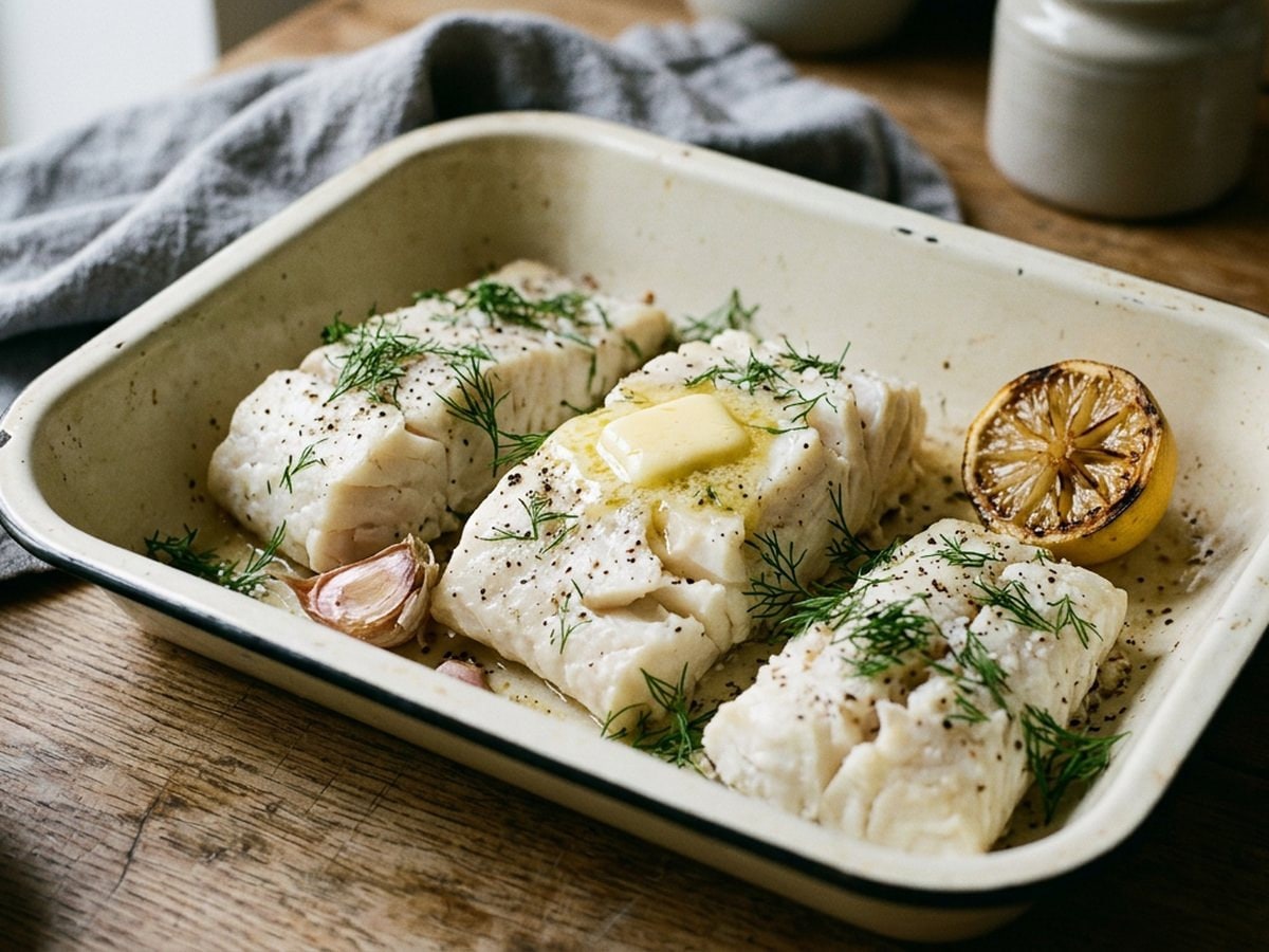Ovnsbakt torsk i hvit emaljeform med smeltende smør, hvitløk, sitron og fersk dill.