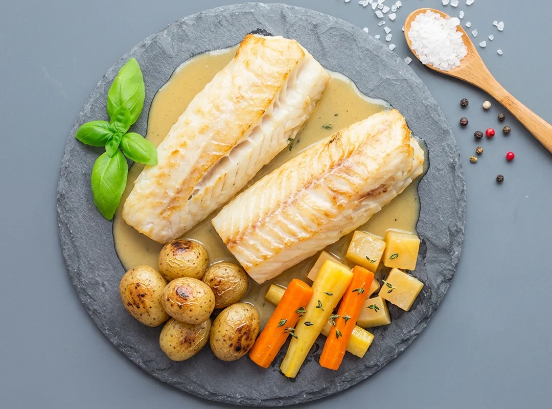 Ovnsbakt torskeloin fra Fiskeruta med smørsaus, mandelpoteter og rotgrønnsaker