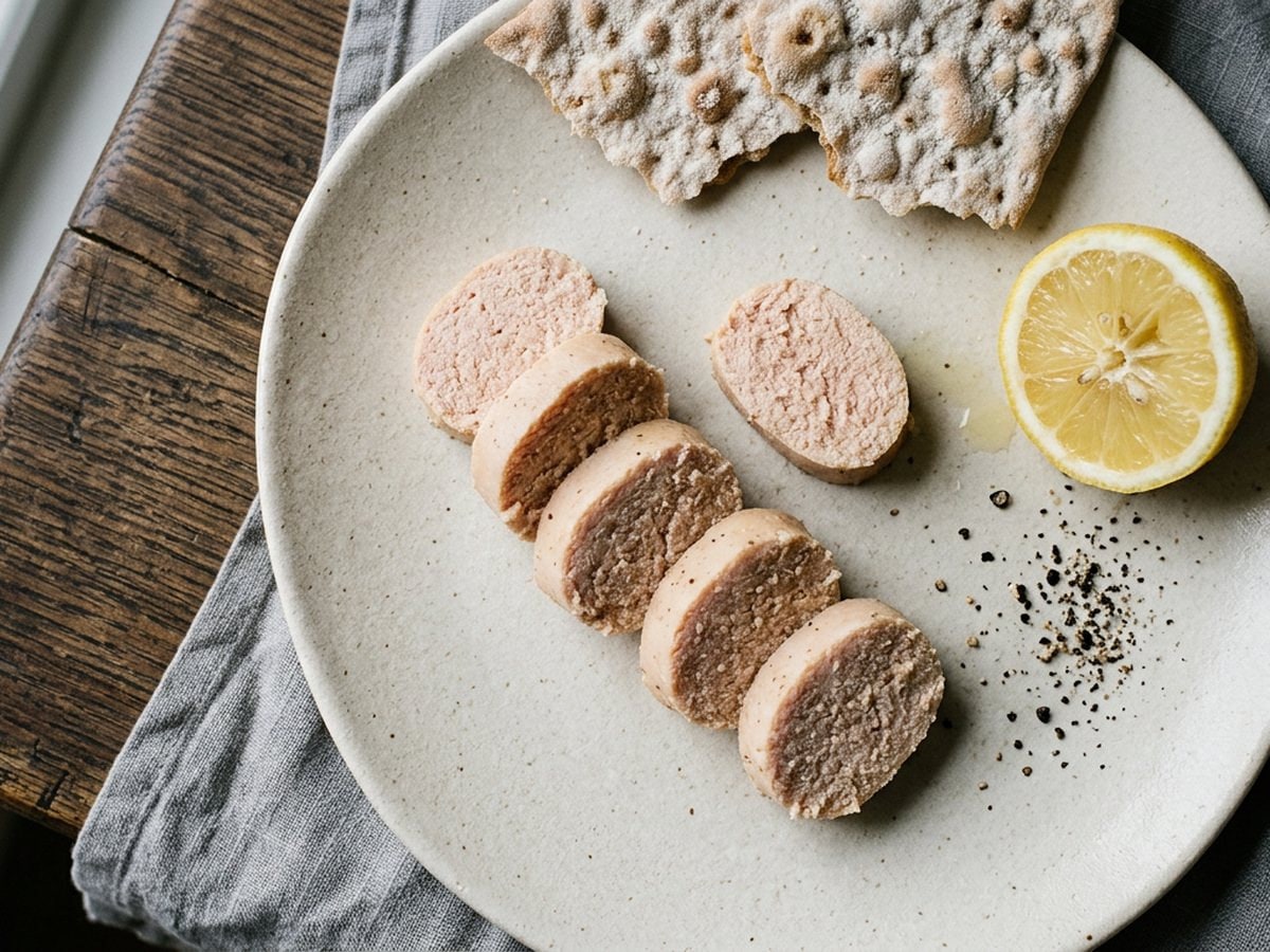 Skiver av kokt torskerogn på steintøyfat med sitronhalv, knust sort pepper og flatbrød.