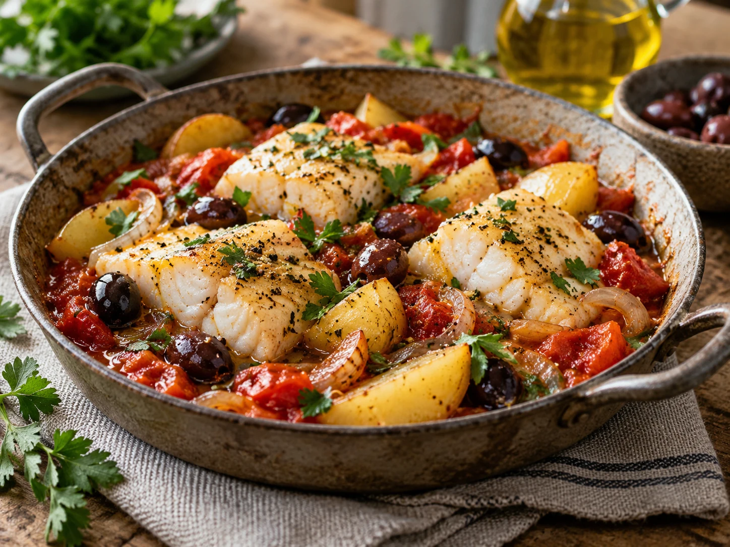 Rød bacalao i panne med klippfisk, tomat, potetbåter, løk og sorte oliven, toppet med persille