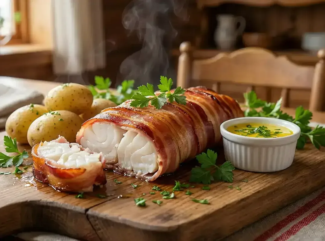 Torskeloin svøpt i bacon med smørstekte poteter