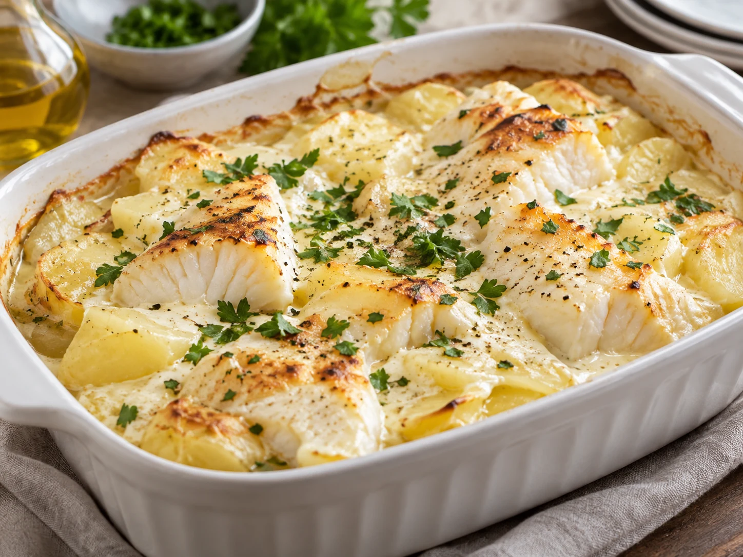 Hvit bacalao gratinert i hvit ildfast form, med biter av klippfisk, potetskiver og persille
