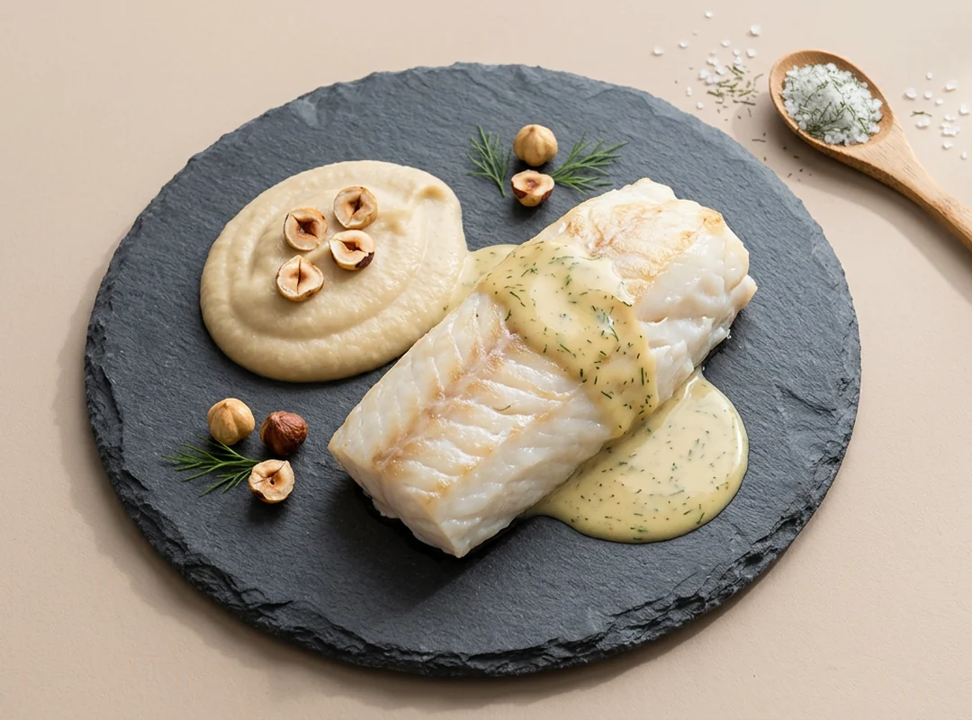 Langsomt ovnsbakt torskeloin med sennep-dillsaus, blomkålpuré og hasselnøtt