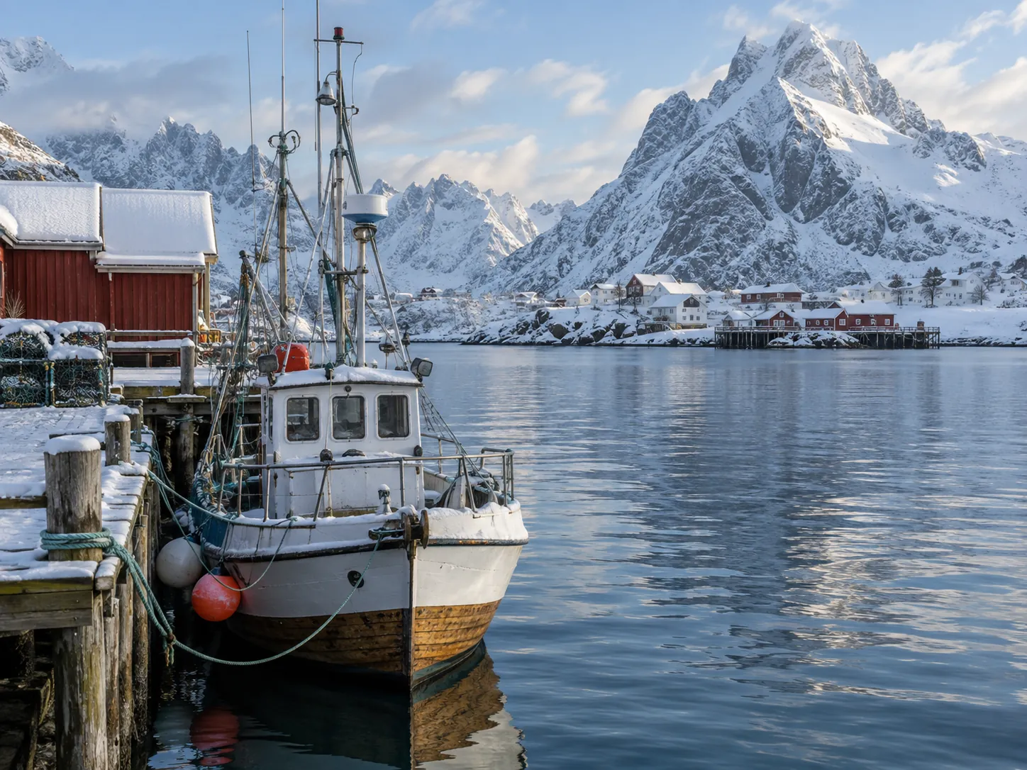 Fiskebåt ved kai i Lofoten i vinterlys, snødekte fjell bak