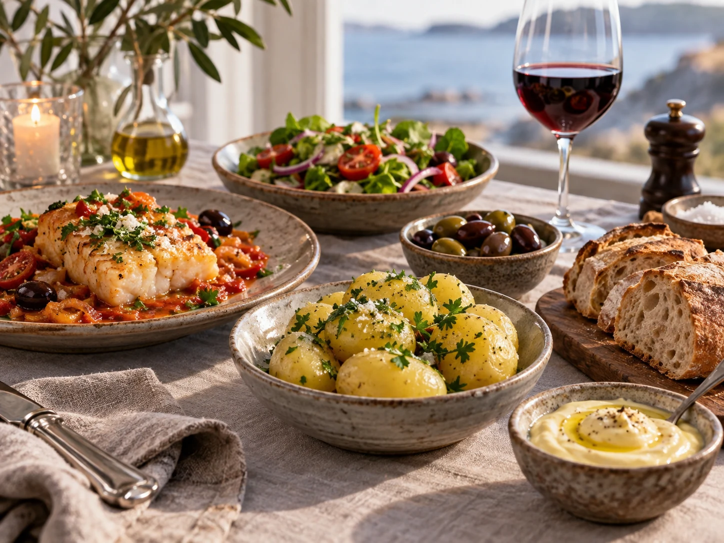 Dekket bord med bacalao, kokte poteter, grønn salat, oliven, brød, aioli og et glass rødvin