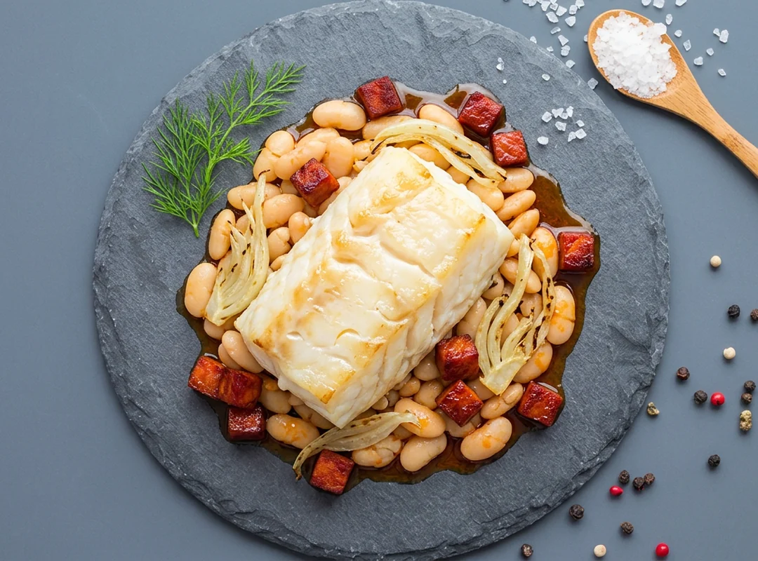 Torskeloin fra Fiskeruta med chorizo, hvite bønner og fennikel på skiferfat