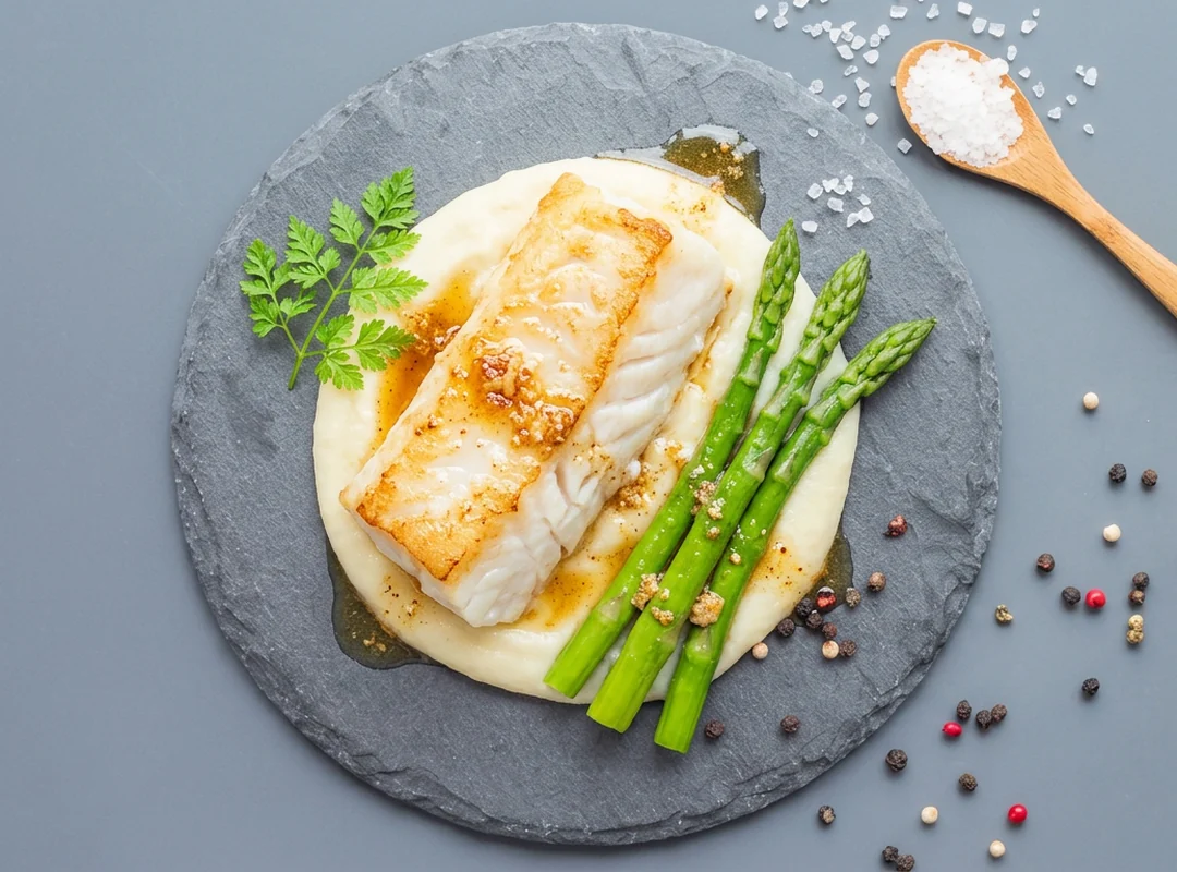Pannestekt torskeloin fra Fiskeruta med brunet smør, potetpuré og asparges