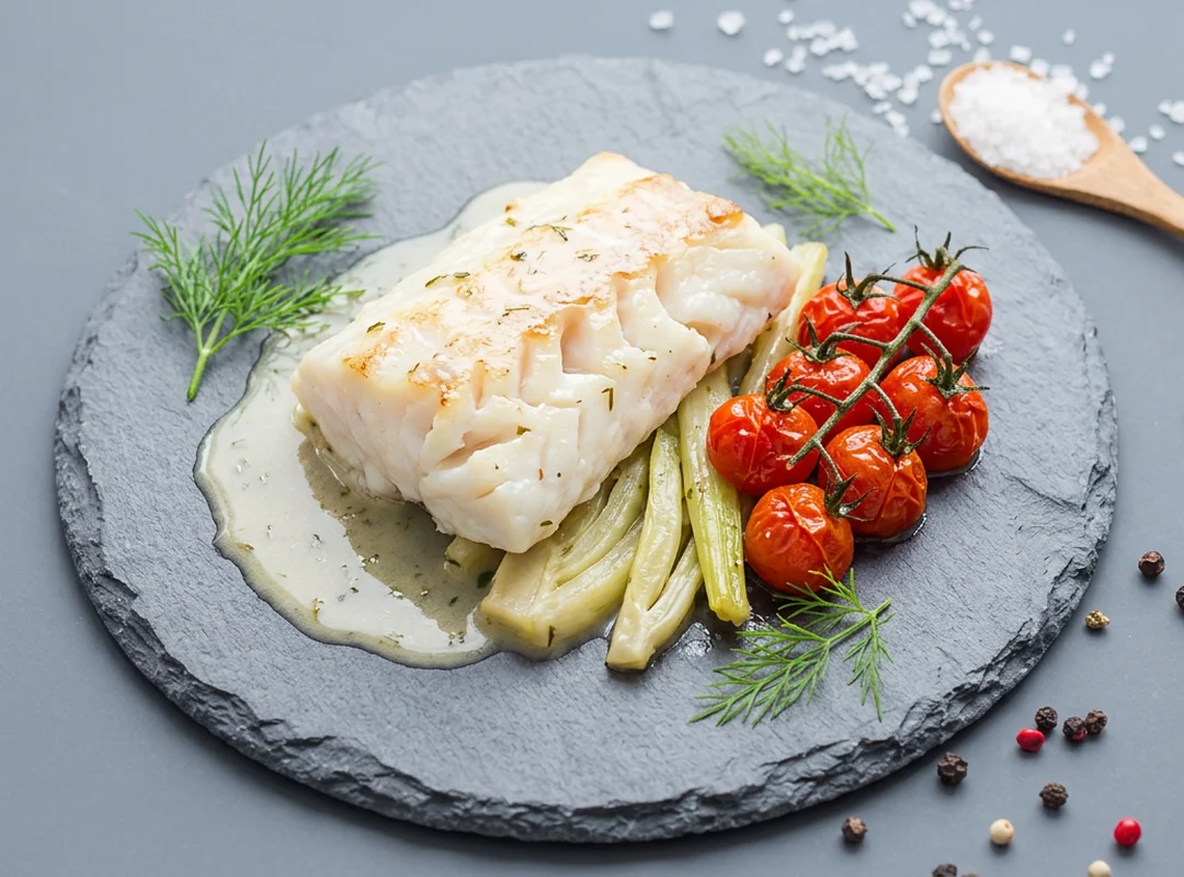 Ovnsbakt torskefilet med hvitvinssmørsaus, fennikel og cherrytomater