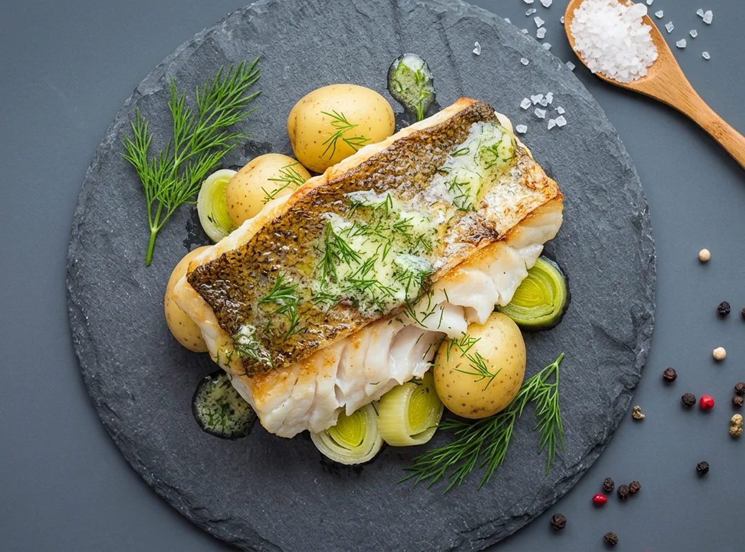 Skinnstekt torskefilet med dillsmør, nypoteter og purre på skiferfat