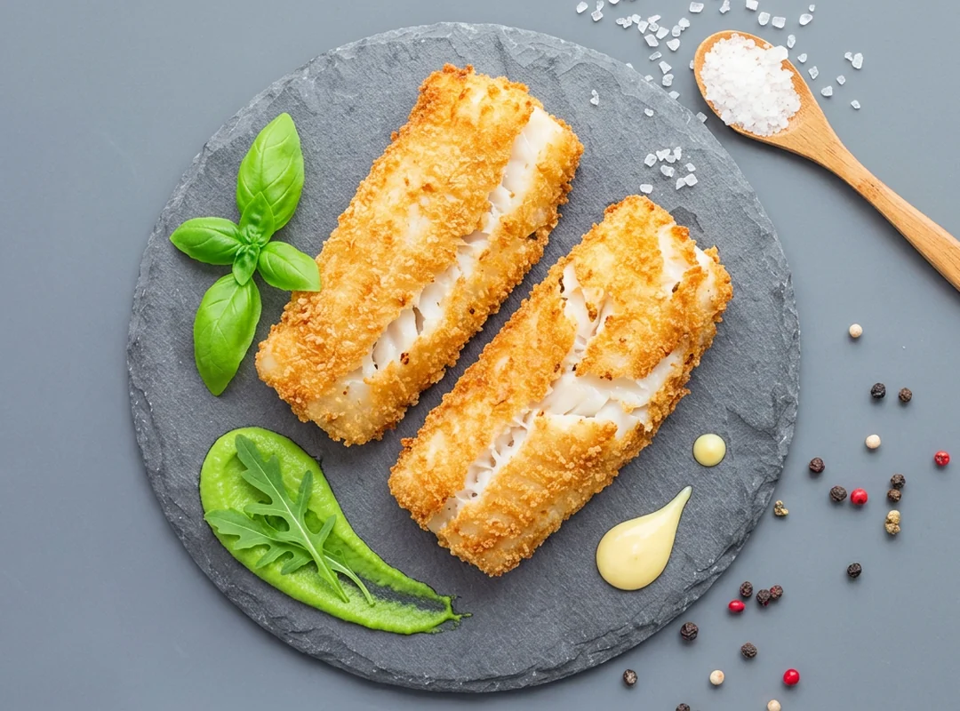 Panko-panert torskeloin fra airfryer med sitronaioli og ertepuré