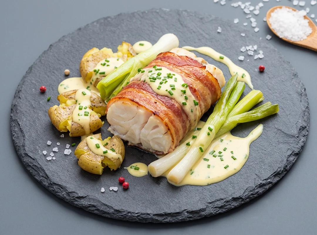 Torskeloin surret i bacon med fløte-gressløksaus og knuste poteter