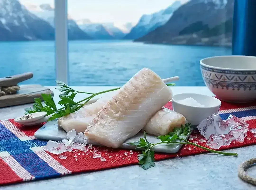 Rå loin fra Fiskeruta på is med fjorden i bakgrunnen
