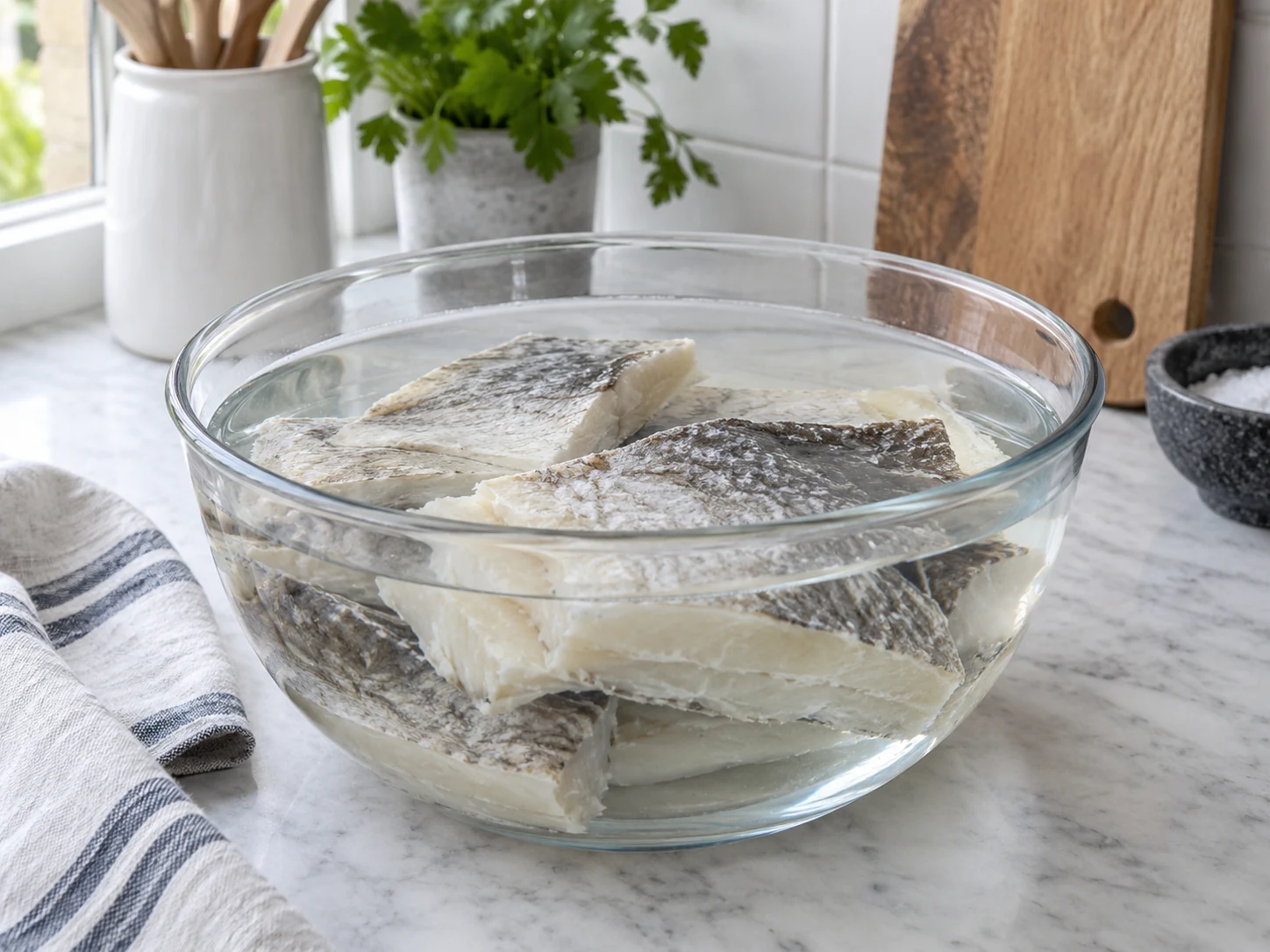 Biter av klippfisk som ligger i bløt i en glassbolle med kaldt vann på en kjøkkenbenk
